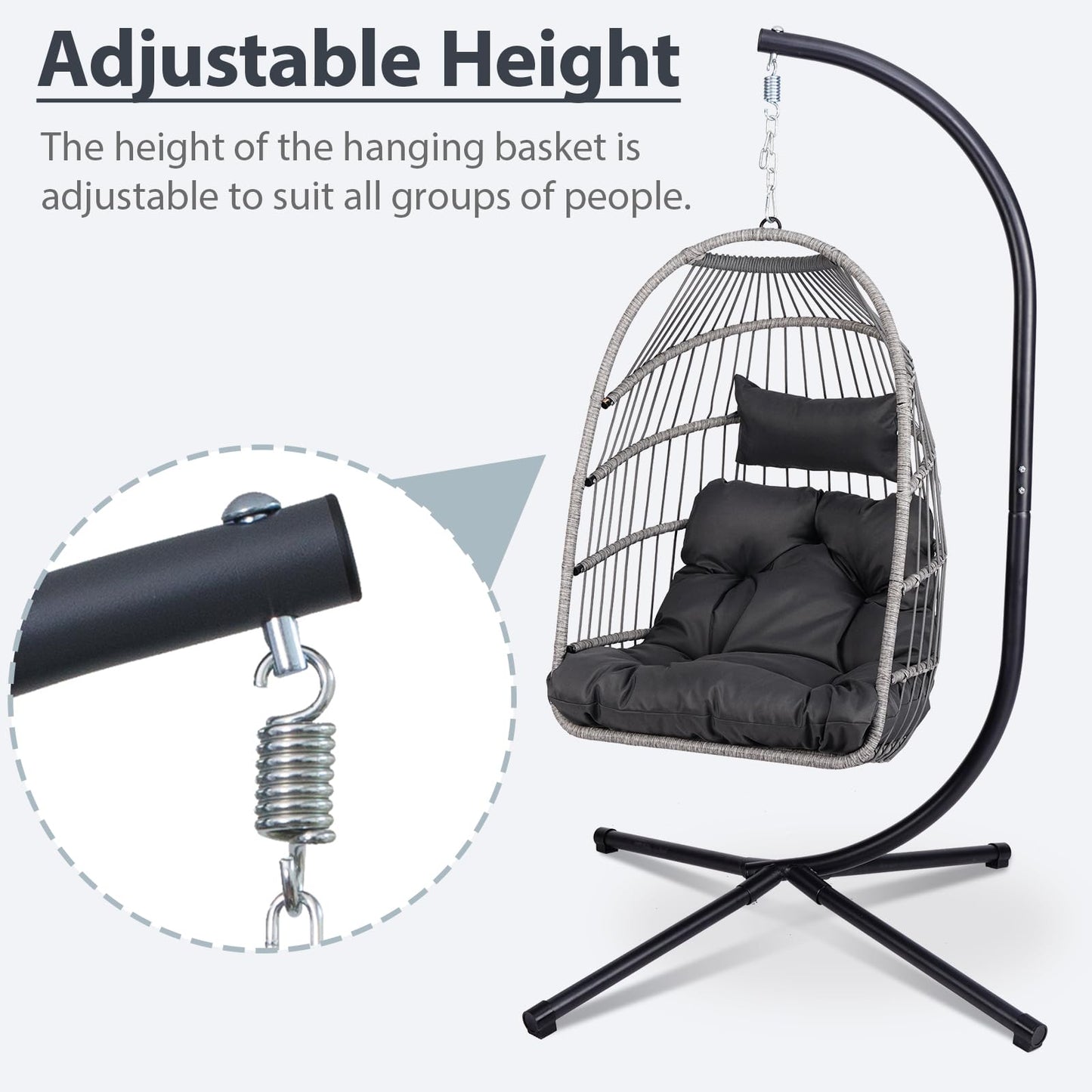 KEIKI Egg Chair - Foldable Rattan Hanging Chair with Stand & Cushion, 350LBS Capacity, Indoor Outdoor Basket Chair for Patio, Garden, Bedroom, Balcony - Black and Gray Wicker Hammock Swing Chair