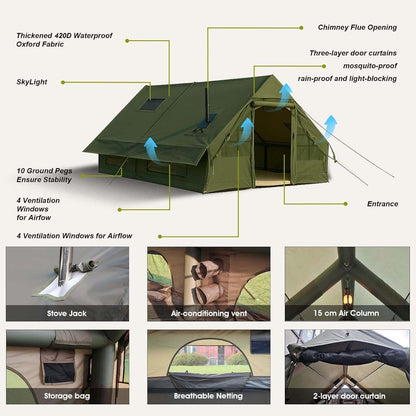 13' x 10' Large Inflatable Tent for Camping 8-10 Person, 4 Season Blow Up Tents with Waterproof Canopy & Moisture-Proof pad, Glamping Inflatable Hot Tent with Stove Jack and AC Vent for Outdoors