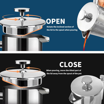 MERMOO YILAN French Press 34oz Insulated Stainless Steel Coffee Maker Unbreakable Coffee Press Easy to Clean for Home, Camping, Travel (Black)