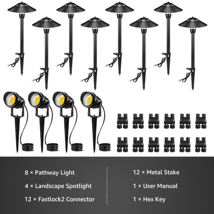 SUNVIE LED Low Voltage Landscape Lighting 12V Landscape Lighting Kit with Connectors, Low Voltage Pathway Lights with Spotlights Aluminum Pathway Lights Wired Waterproof for Patio Yard Garden, 12 Pack