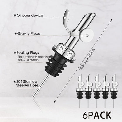 Kinlop 6 Pcs Weighted Stainless Steel Liquor Bottle Pourers Auto Flip Olive Oil Dispenser Spout Balsamic Alcohol Pourer Spouts (Silver)