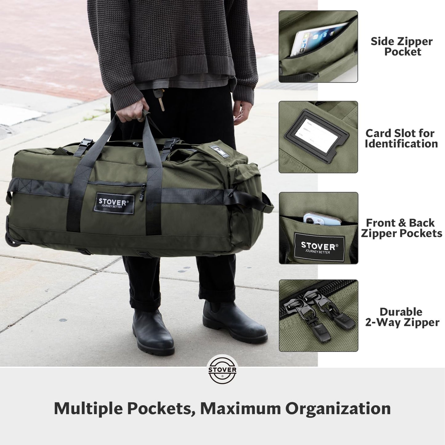 STOVER 45/80/100L Rolling Duffel Bag with Wheels, Large Durable Travel Duffle + Toiletry Bag, Heavy Duty, Packable, Foldable with Shoulder Straps- Use as Luggage or Backpack, Men/Women (Green)