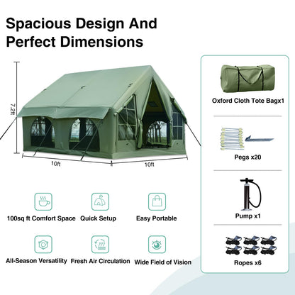 KNUO 2026 Upgraded Waterproof Inflatable Camping Tent for 5-8 People, Large Blow-Up Air Tent, No Assembly Needed Luxury Glamping House, 10x10ft Oxford Fabric,Green