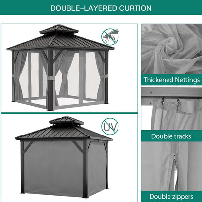 GarveeHome Outdoor Gazebos Canopy 10 x 10 ft Permanent with High Strength Aluminum Frame, Iron Double-Roof, Pavilion with Curtain and Netting for Patio, Lawn, Deck, Garden