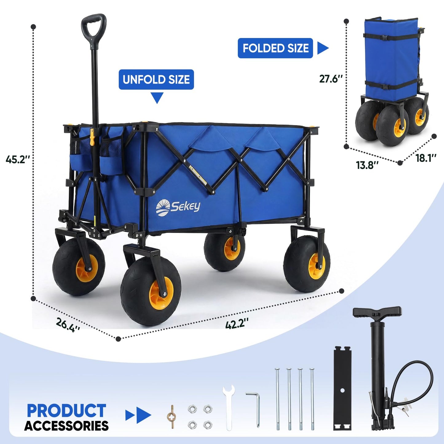 Sekey Heavy Duty Beach Wagon with 9" Big Sand-Proof Wheels – 600lb Capacity, 200L Oversized Foldable Cart | Adjustable Handle & All-Terrain Tires for Sand, Camping, Groceries