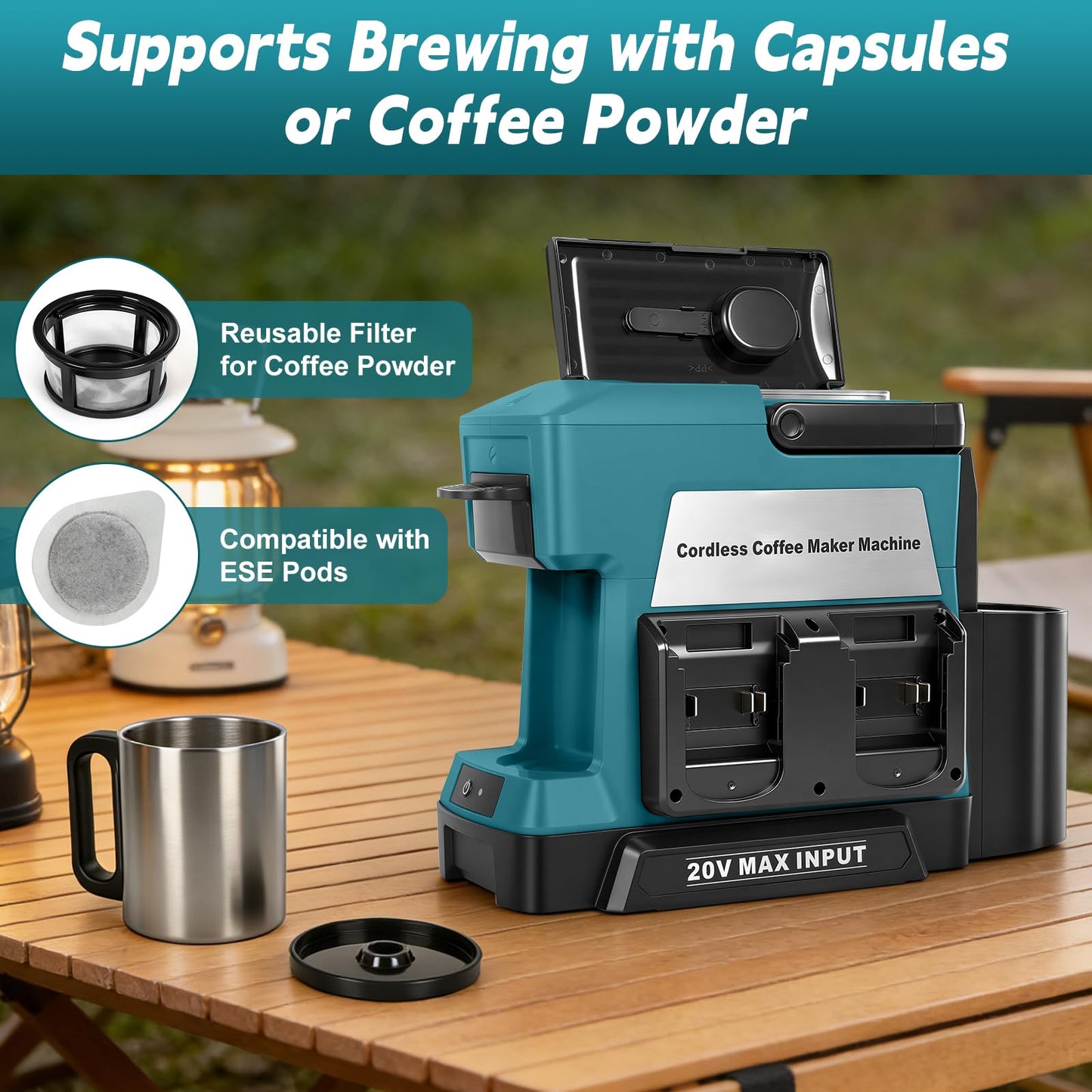LEZZYRUCK Cordless Coffee Maker for Makita 18V Battery (No Battery), Portable Drip Coffee Machine with Electric Coffee Grinder and Coffee Cup, for RV, Camping, Travel