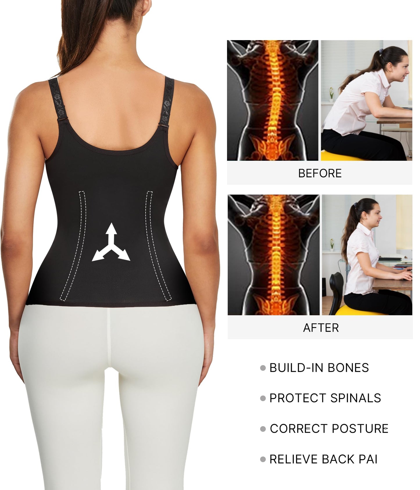 Nebility Women Waist Trainer Corset Zipper Vest Body Shaper Cincher Tank Top with Adjustable Straps (XL, Black)