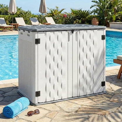 Outdoor Storage Cabinet, 34 Cu ft Outdoor Trash Can Storage Waterproof, Outdoor Resin Storage Cabinet for Patio Tools, Lawn Mower, Garbage Cans