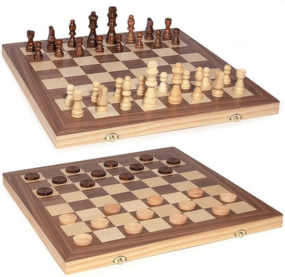 AMEROUS 15'' Wooden Chess &amp Checkers Set 2 in 1 Board Games -2 Extra Queens -24 Cherkers Pieces - Gift Box Packed - Chessmen Storage Slots Beginner Chess Set for Kids and Adults