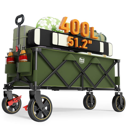 Timber Ridge 51.2'' Extended Collapsible Wagon Cart with Brakes and Cargo Net, Heavy Duty Foldable Utility Wagon with Adjustable Handle, 400L Capacity Portable Cart for Camping Sports Shopping