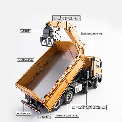 Remote controlled dump truck large 18.8 inches (48CM) 1:14 vehicle model three in one grab head replaceable construction transport vehicle remote control model Suitable for adults 14+ (dual battery)
