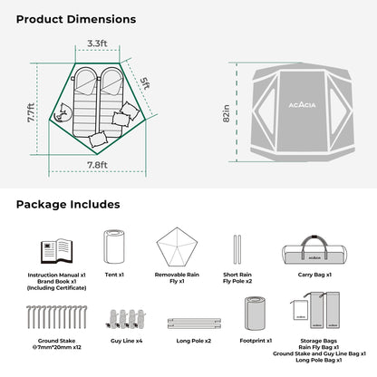 ACACIA Space Tent, 2 to 3 Person Pop Up Camping Tent with 8 Windows and Footprint, Waterproof Windproof Easy Setup Hub Tent for Family Camping, Hiking and Glamping, Persimmon