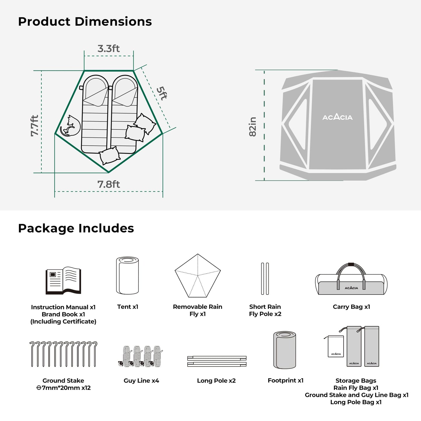 ACACIA Space Tent, 2 to 3 Person Pop Up Camping Tent with 8 Windows and Footprint, Waterproof Windproof Easy Setup Hub Tent for Family Camping, Hiking and Glamping, Moonstone