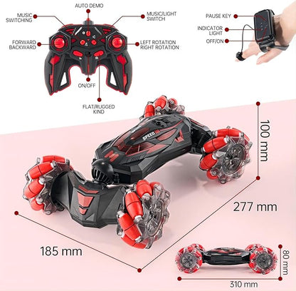 1:10 Remote Control Stunt Car 4WD 2.4 GHz Hand Gesture Sensing RC Crawler Vehicle 360° Flips with Lights Music Spray Birthday Presents Toy Cars for Kids Both Boys and Girls Aged 6-12 (Red)