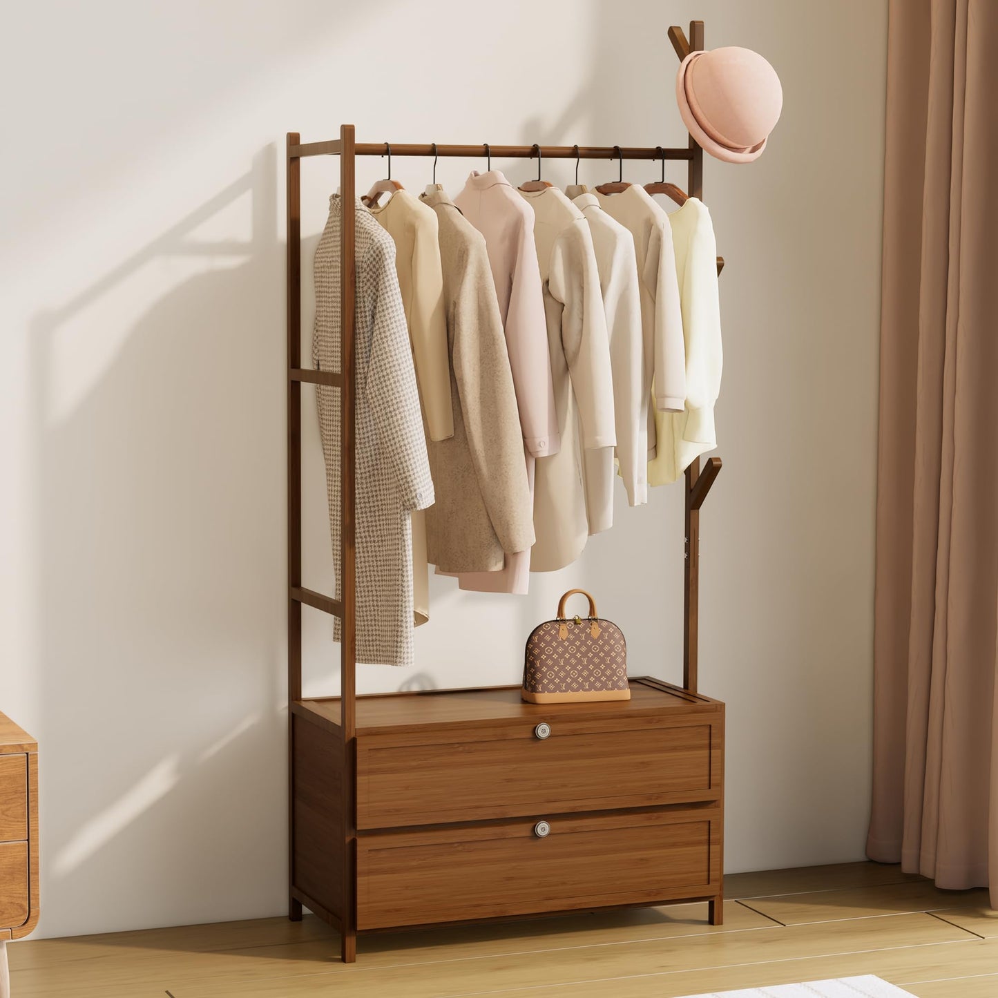 BambooCrafts Upgraded Hanging Rack Clothing Rack with Drawers,Solid Thickened Clothes Racks with Shelves,27.6inch Width Closet with Drawers,Clothes Racks for Hanging Clothes,Short Closet Dresser