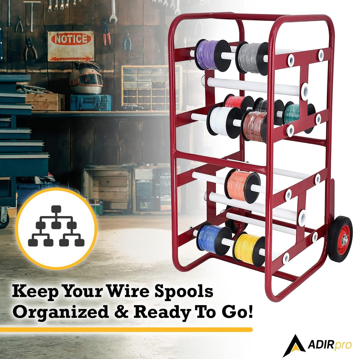 AdirPro Transportable Multiple Axle Cable Caddy - Multi-Spool Wire Rack Dispenser - Easy Use Cable Holder & Distribution - For Workplace Efficiency