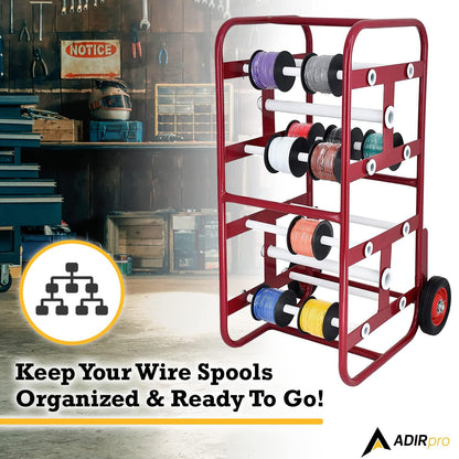 AdirPro Transportable Multiple Axle Cable Caddy - Multi-Spool Wire Rack Dispenser - Easy Use Cable Holder & Distribution - For Workplace Efficiency