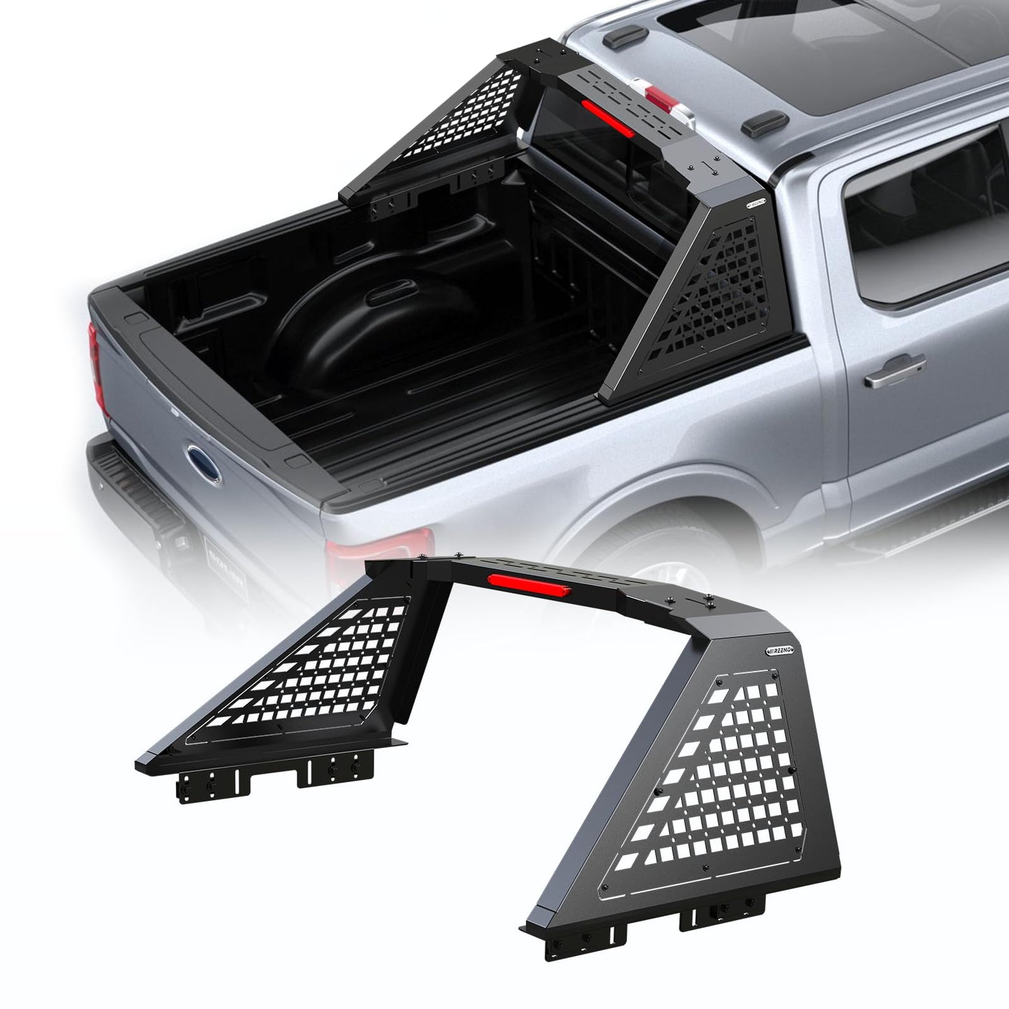 Roll Bar for Full-Size Pickup Trucks - Universal Truck Bed Rack & Chase Rack with Third Brake Light Combo, Heavy Duty Headache Rack, No Drilling