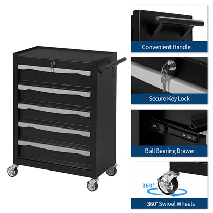 5-Drawer Tool Chest with Wheels, Rolling Toolbox with Keyed Locking System, Heavy Duty Tool Storage Cabinet for Garage, Warehouse, Workshop, Repair Shop, Black