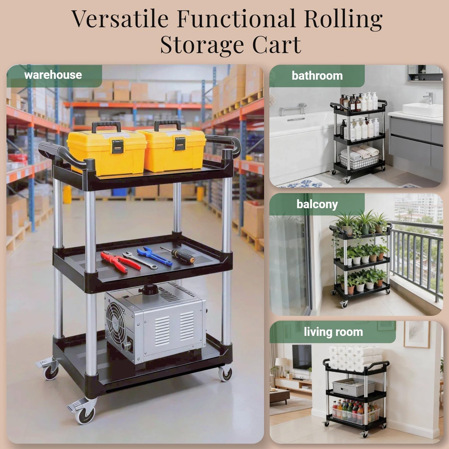 Ufriandz 3 Tier Heavy Duty Rolling Utility Cart with Strong Wheels and Handle 600lbs Load Capacity Plastic Serving Cart for Food Commercial Garage Restaurant Kitchen, Black Storage Shelf