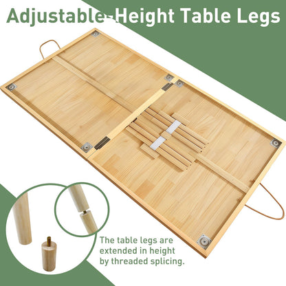YIRCELOM Folding Picnic Table with Table Runner, 60" x 30" Large Wooden Japanese Floor Table, Portable Boho Low Picnic Table, Adjustable Heights Legs, for Indoor Outdoor Camping, for 6-8 People