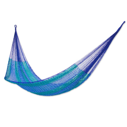 NOVICA Artisan Cool Lagoon Striped Mayan Hammock, Handmade Blue and Green Nylon Rope Double Hammock from Mexico, Bed 78" L x 78" W, Total 158" L