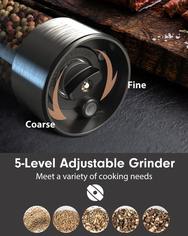 TOMEEM Upgraded Larger Capacity Electric Salt and Pepper Grinder Set Rechargeable with LED lights, Stainless Steel Automatic Pepper and Salt Grinder Refillable with 5 Adjustable Coarseness