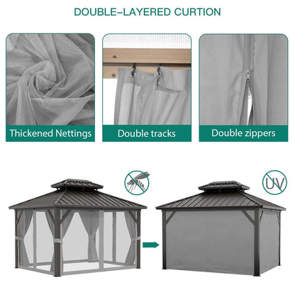 10x12 ft Hardtop Gazebo with Galvanized Steel Double Roof, Heavy Duty Galvanised Steel Hardtop Pavilion with Nettings and Curtains for Party, Wedding, Outdoor Dining, Patio, Backyard