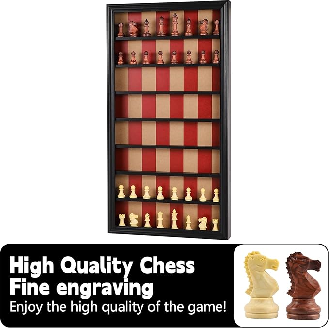 Giant Wall Mounted Board Game Wooden Chess Game Set with A Complete Set of Carved Chess Pieces Vertical Display Cabinet for Home Games Hanging Art Home Decoration (Black)