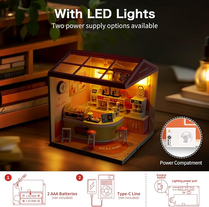 LED Building Blocks for Adults 1:24 DIY Miniature Dollhouse Kits with Roof &amp Dustproof Cover Tiny House Toy Building Sets for Kids Ages 8-12-15 Birthday Hobbies Gift for Men Women Boy Girl