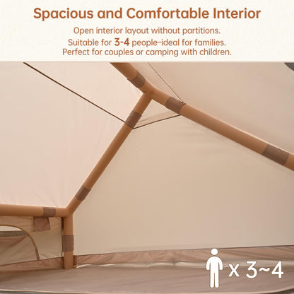 WaldZimmer 6sq Beige Inflatable Camping Tent with Hand Pump and Stove Jack Waterproof Windproof Outdoor Blow up Tent 3-4 Person Oxford 4 Season Glamping Air Tents Cabin House Easy to Set Up