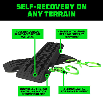 Rhino USA Off-Road Recovery Traction Boards - 2 Pack Ultimate Tire Traction Mountable Mats for 4X4 Vehicles in Sand, Mud & Snow. Heavy Duty Zipper Carry Bag and Leashes Included - (Black)