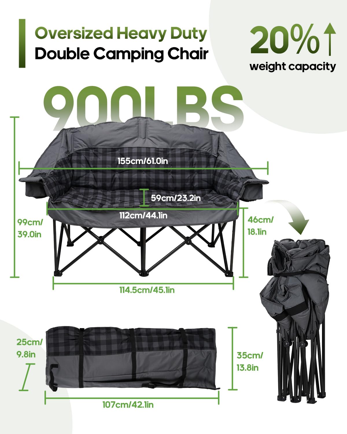 Double Camping Chair Padded Loveseat Camping Couch, Oversized 2 Person Camp Chairs with 2 in 1 Carry Bag, Heavy Duty Folding Lawn Chair Sofa with Cup Holders for Adults Patio Backyard Beach, Gray