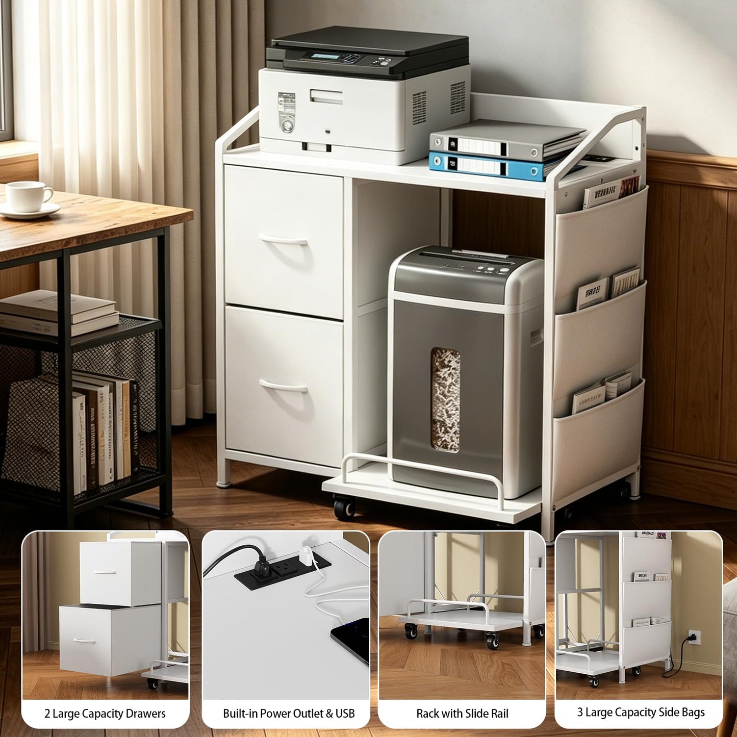 WODRAWER Printer Stand with Fabric Drawers, Lateral Office Filing Cabinets with Power outlets & USB Charging Port, File Cabinet with Large Printer Stands for Home Office, Shredder Stand Rack (White)