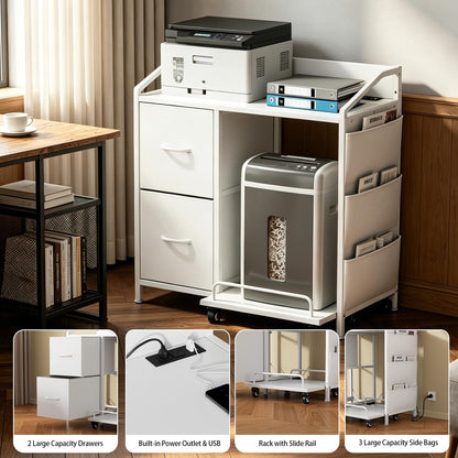 WODRAWER Printer Stand with Fabric Drawers, Lateral Office Filing Cabinets with Power outlets & USB Charging Port, File Cabinet with Large Printer Stands for Home Office, Shredder Stand Rack (White)