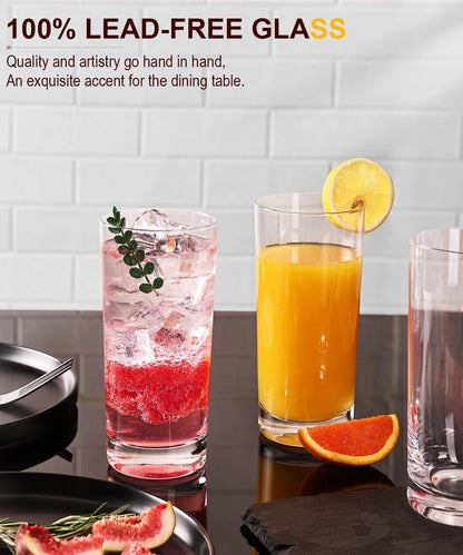 LUNA & MANTHA Drinking Water Glasses Set, Lead-Free Crystal Highball Glass, Tall Glass Cups for Cocktail Parties,Clear set of 12,16oz