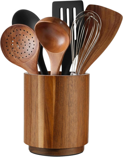 Linda's Essentials Acacia Wooden Utensil Holder - 360° Rotating Non-Slip Design for Kitchen Counter