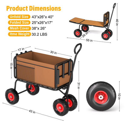 3 in 1 Beach Fishing Cart, Heavy Duty Garden Carts w/All Terrain Inflatable Tires, Folding Wagon Cart, Convert to Chair or Bench with Cushion, Rod Holders and Durable Oxford Bag