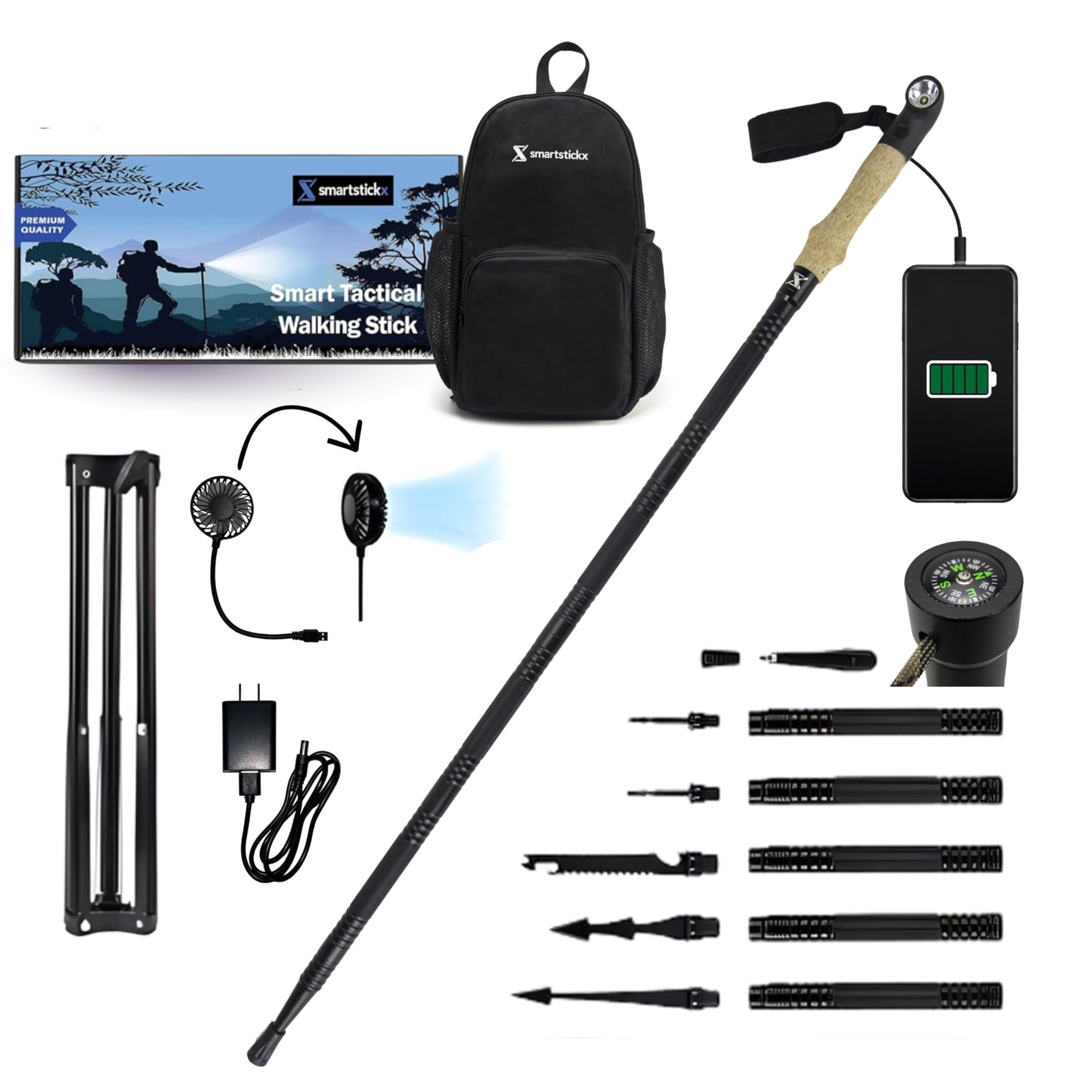 SmartstickX Collapsible Tactical Walking Stick with LED Light, USB Charging, Cork Grip, and Heavy-Duty Survival Tools – Aircraft Aluminum Trekking Pole for Hiking, Camping, Outdoors