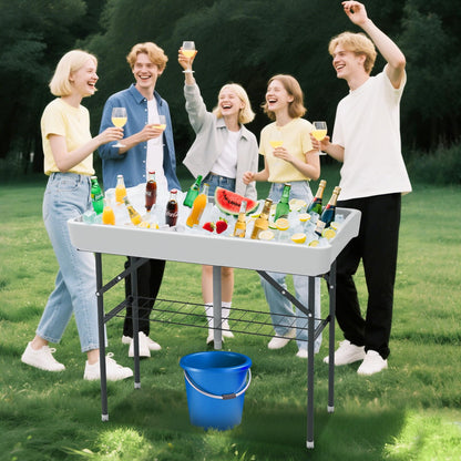 SHAREWIN Folding Ice Cooler Table, Skirt &Drain Hose Plastic Chill Table to Keep Drinks Cool, Portable Foldable Self-Serving Beverage Cooling Bar for Parties, Picnics, Barbecues, Fishing(White