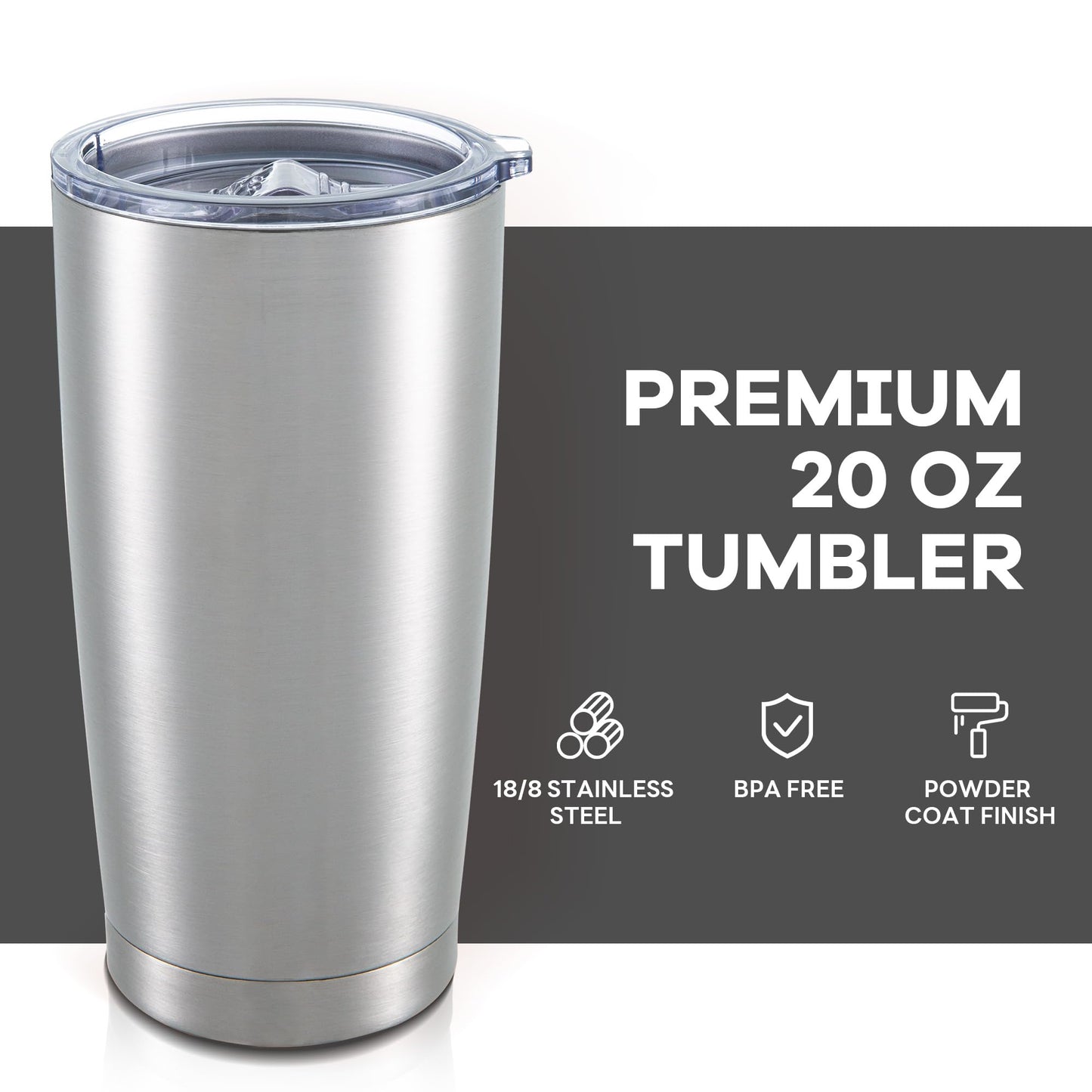 Orebigo 20 oz Tumbler with Lid Stainless Steel Insulated Tumblers Bulk Double Wall Vacuum Cups Powder Coated Travel Mug Keep Drink Cold and Hot, Stainless Steel, 8 Pack
