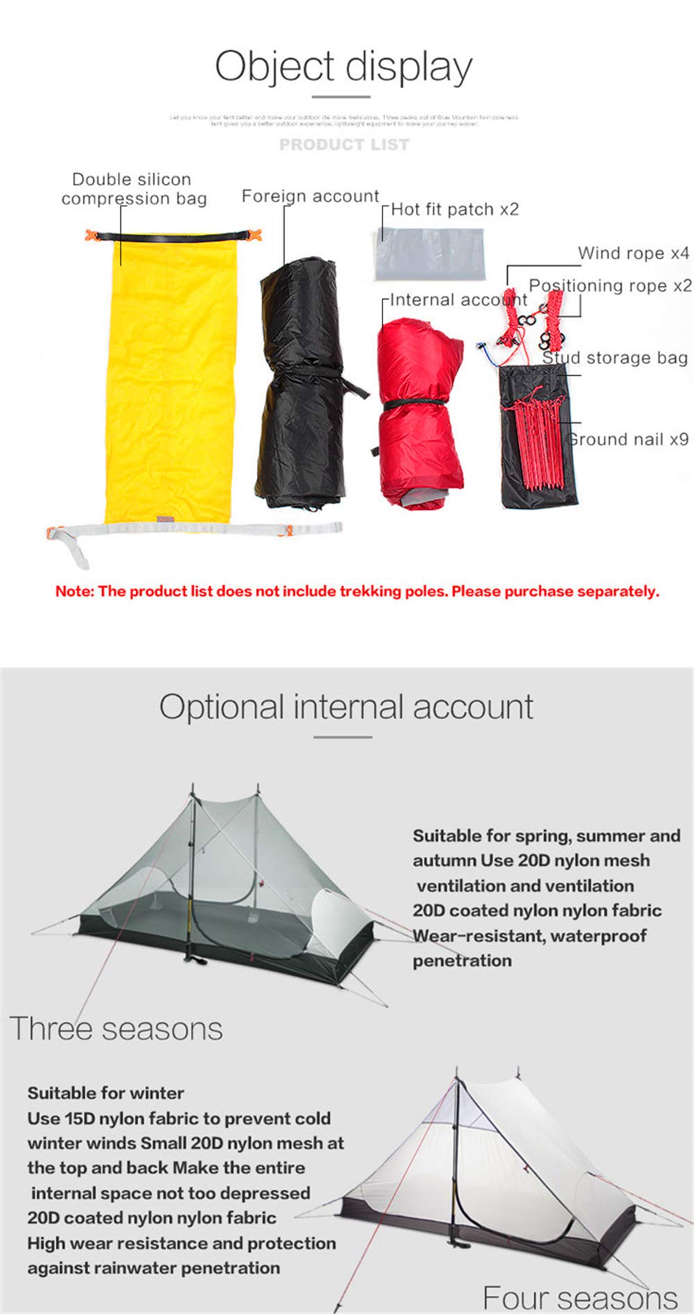 3F UL GEAR Lanshan 2 Person Tent Hiking Ultralight Camping Tent Professional 15D Silnylon Rodless Trekking Pole Tent Waterproof Backpacking Outdoor for Camping, Bivvy (2P Gray 4 Season)