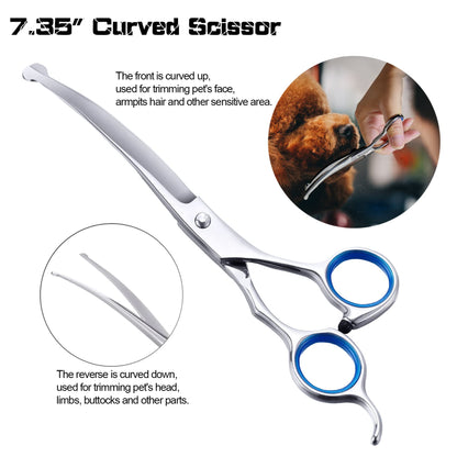 SCEDREAM Dog Grooming Scissors for Dogs with Safety Round Tips, 5 in 1 Dog Scissors for Grooming, Professional Curved Pet Grooming Shears Set for Dogs and Cats