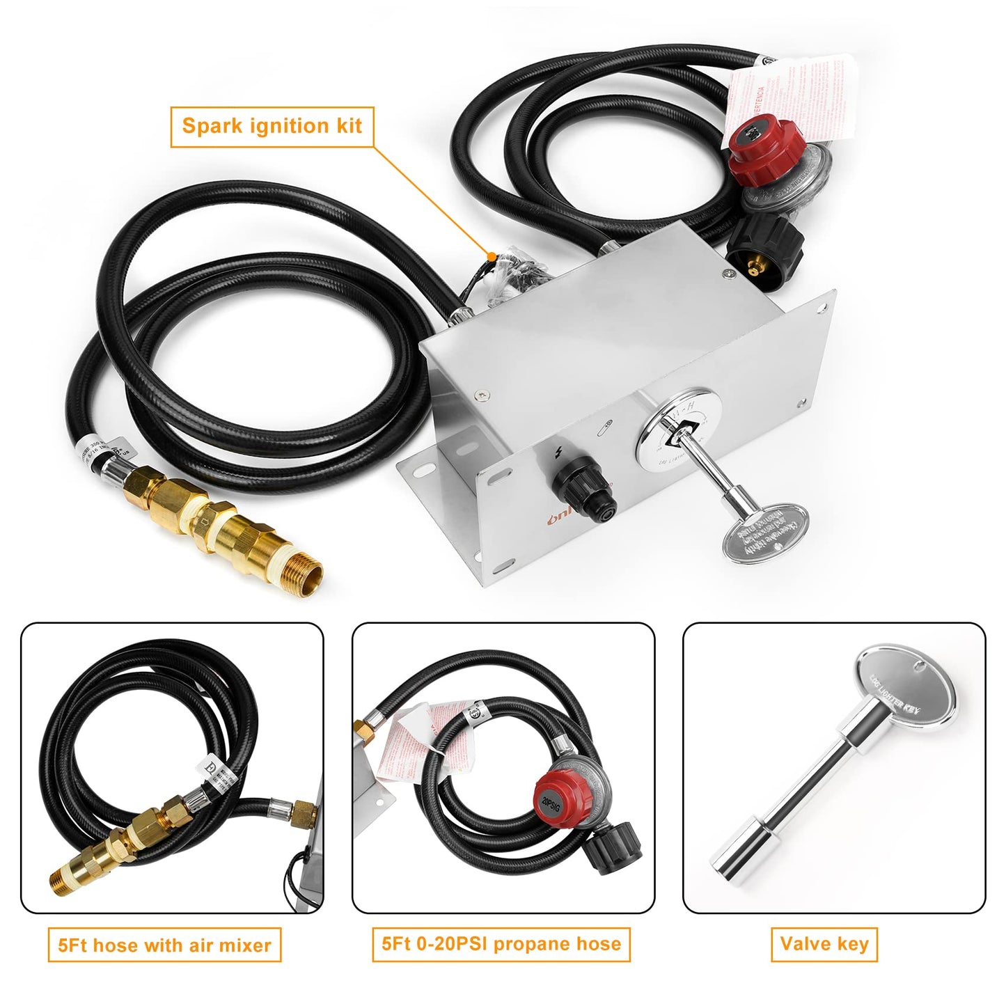 onlyfire All-in-One Propane Gas Fire Pit Ignition System Kit (Includes Electronic Igniter, Key Valve, Air Mixer Valve, LP Regulator with 5Ft Hose, PVC Hose)