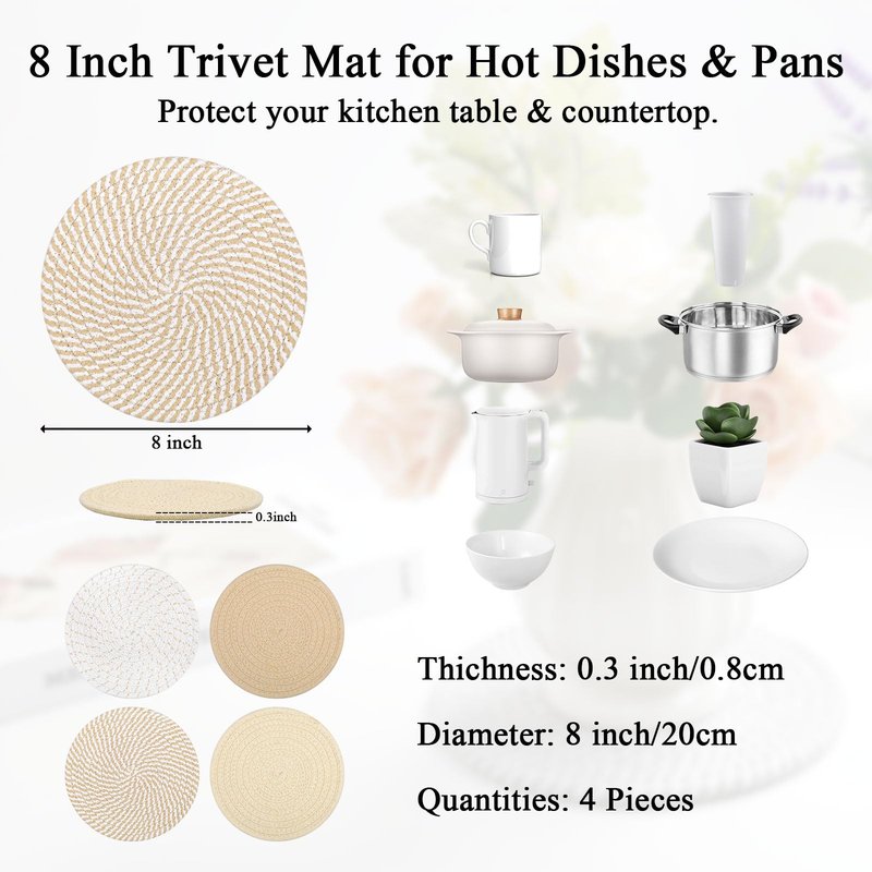 SHACOS 8 Inches Trivets for Hot Dishes, Pot Holders for Hot Pots and Pans, Handmade Cotton Woven Trivets Set, Heat-Resistant Hot Pads Plate Mats for Kitchen Countertops, Table Decor (Khaki, 4pcs)