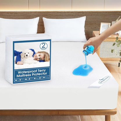 Skiennix Queen Mattress Protector - Waterproof & Absorbent Terry Cover | Fitted for 18'' Mattresses