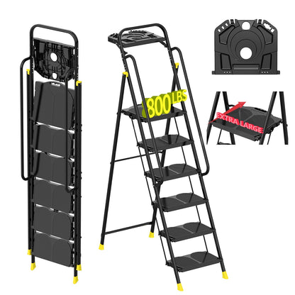6 Step Foldable Step Ladder Stool with Roomy Tool Tray and Secure Handrail, Foldable Platform Ladder 6 Step Folding Stepstools with Wide Pedals and 800lbs Weight Capacity for Adults, Home, Kitchen