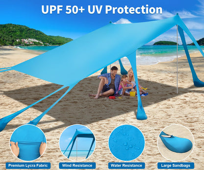 VVBE Beach Tent Sun Shelter 13x10FT, UPF50+ Outdoor Shade Canopy with 10 Sandbags, Sand Shovel, Ground Pegs & Stability Poles, Portable Beach Tent for Camping Fishing Picnics Travel