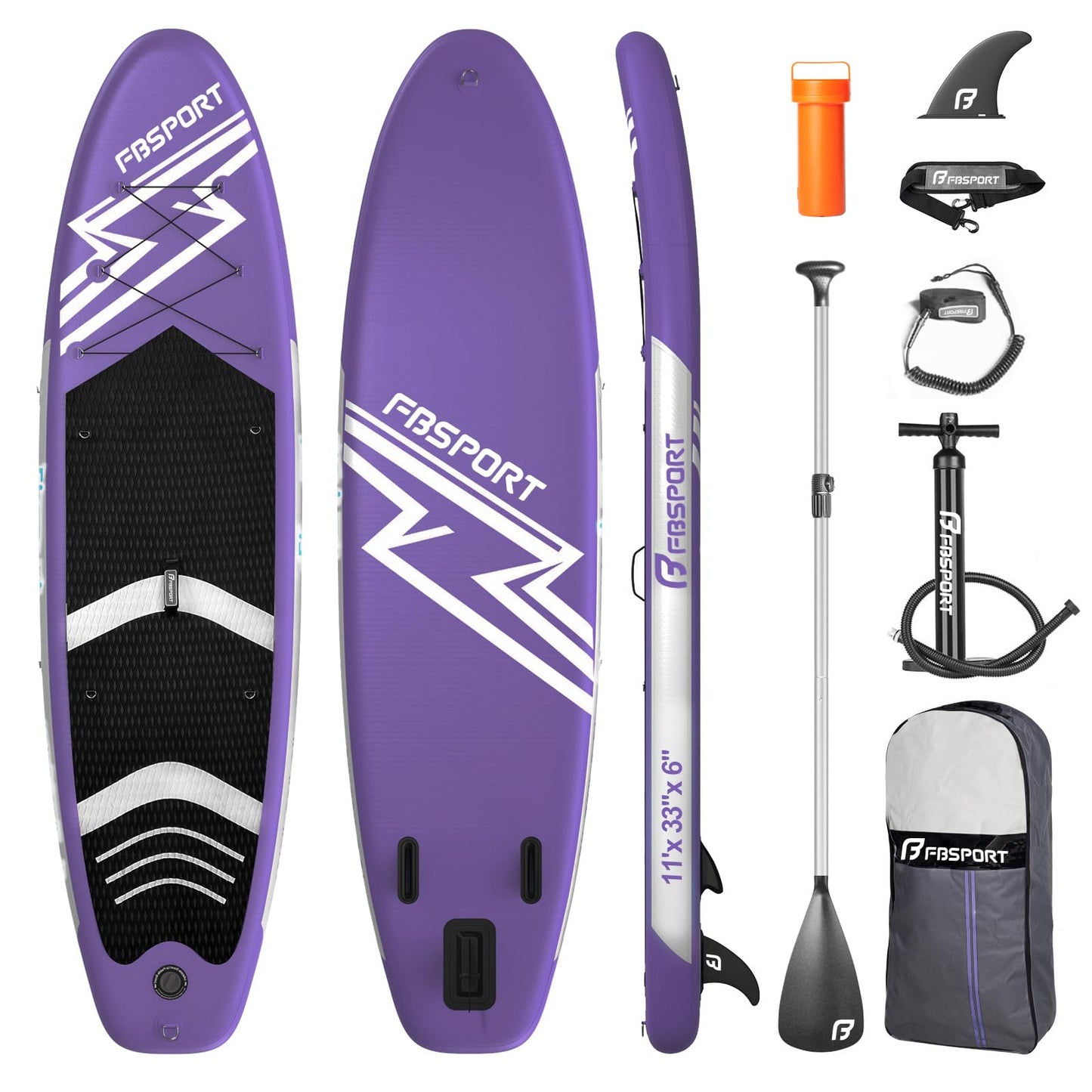 FBSPORT 11' Premium Stand Up Paddle Board, Yoga Board with SUP Accessories & Carry Bag | Wide Stance, Surf Control, Non-Slip Deck, Leash, Paddle and Pump for Youth & Adult (Purple)