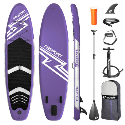 FBSPORT 11' Premium Stand Up Paddle Board, Yoga Board with SUP Accessories & Carry Bag | Wide Stance, Surf Control, Non-Slip Deck, Leash, Paddle and Pump for Youth & Adult (Purple)